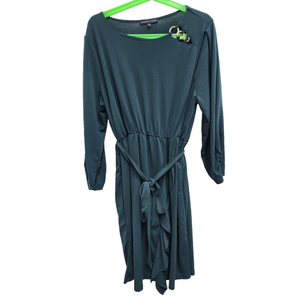 Adrienne Vittadini Womens MIdi Dress XL Emerald Green Ruffle Long Sleeve‎ Preppy